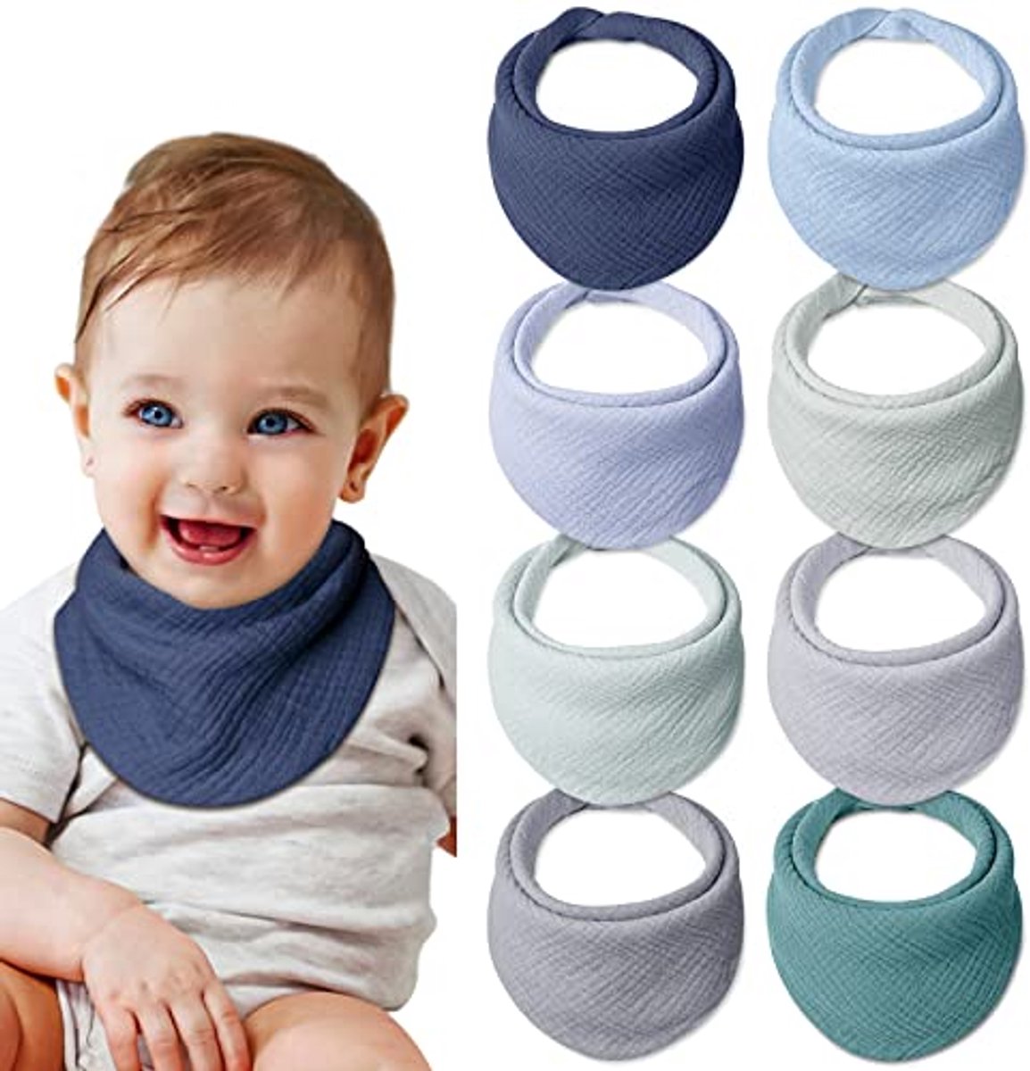 Image of Absorberende Slabbetjes voor Baby - Zachte Muslin Driehoekige Sjaal met Verstelbare Drukknop - 8 Stuks in Oceaanblauw