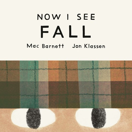 Boekcover "Now I See Fall" met tartan patroon in herfstkleuren en twee grote ogen onderaan.