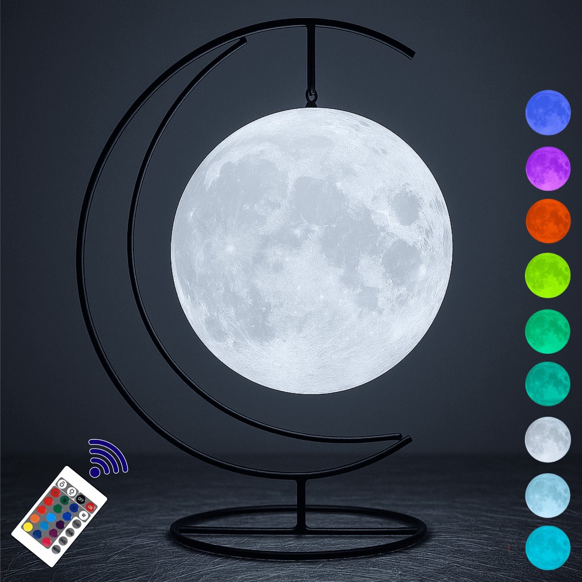Lukana 3d Maanlamp - Tafellamp 13 cm met 16 Dimbare LED Kleuren & Afstandsbediening - Nachtlamp