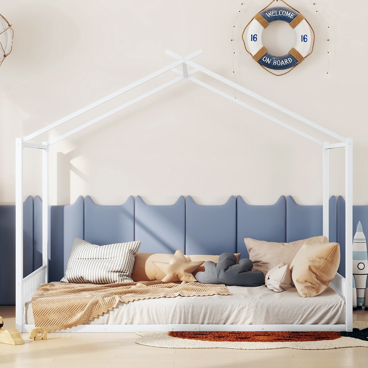 140x200 cm vlak bed - metalen bedframe - kinderbed - huiselijk bedhek - wit - zonder matras