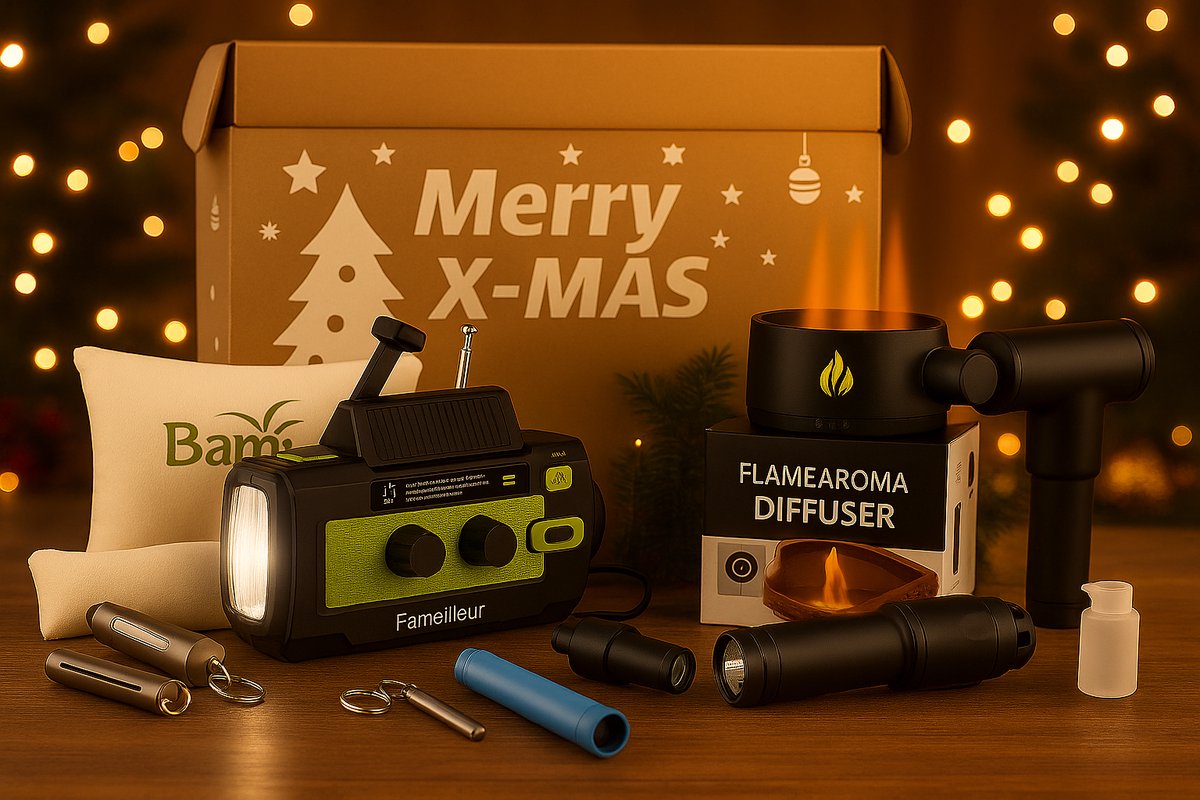 Fameilleur Kerstpakket 2026/2027 – vanaf 10 stuks - voor bedrijven - Excellence 2 – Luxe Cadeaupakket met Noodradio 4000 mAh, Massagegun, Aroma Diffuser, Bamboo Hoofdkussen, Waterfilterset, & zaklamp-Innovatief & Duurzaam Kerstgeschenk - noodpakket