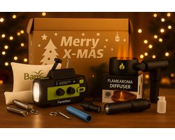 Fameilleur Kerstpakket 2025/2026 – vanaf 10 stuks - voor bedrijven - Excellence 2 – Luxe Cadeaupakket met Noodradio 4000 mAh, Massagegun, Aroma Diffuser, Bamboo Hoofdkussen, Waterfilterset, & zaklamp-Innovatief & Duurzaam Kerstgeschenk - noodpakket