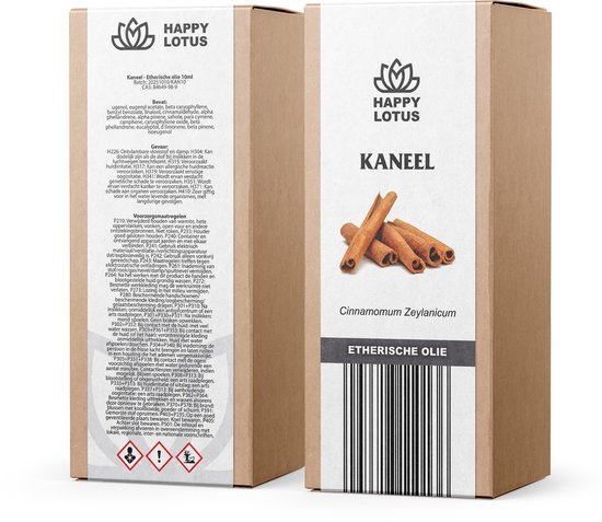 Verpakking van Happy Lotus kaneel etherische olie. Label met kaneelstokjes en ingrediënten.