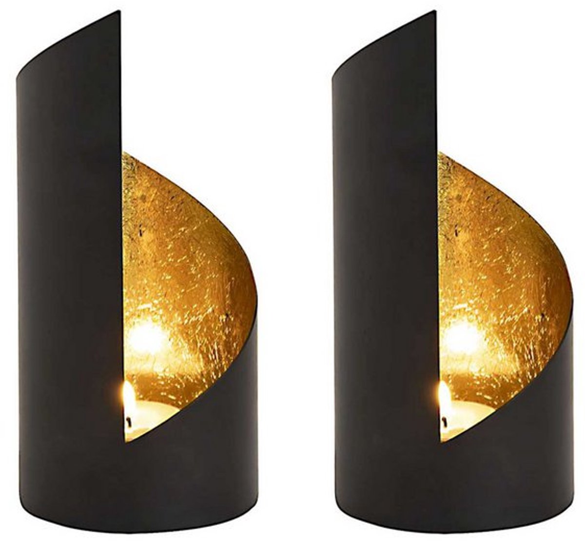 Theelichthouder Kaarsenhouder set van 2 Cilindervorm Zwart/Goud Hoogte 18cm Diameter 8cm Metaal