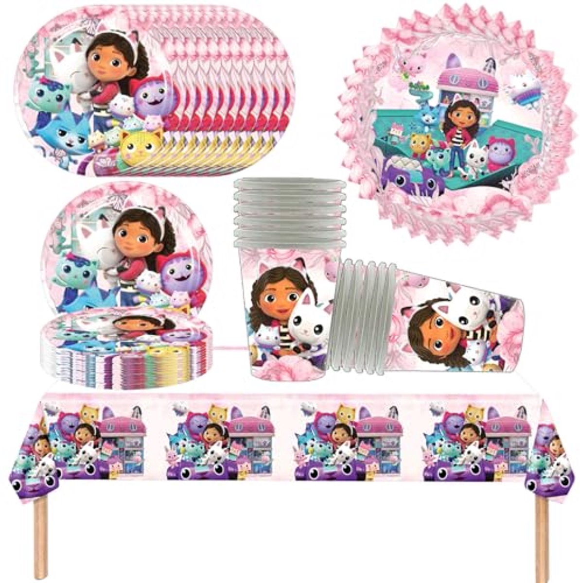 Image of 61-delige Poppenhuis Serviesset voor Kinderverjaardagsfeestjes - Met Bekers, Servetten, Borden en Tafelkleden