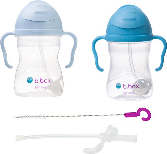 Deux gourdes b.box, une bleu clair, une bleue, avec pailles de remplacement et goupillon.