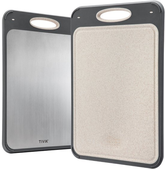 Planche à découper TIVIK – Acier inoxydable double face et plastique sans BPA – Antidérapante, rainure pour jus et zone de râpage – Pour viande, poisson et légumes – Planche à découper de Cuisine multifonctionnelle – 36 x 25 cm – Anthracite