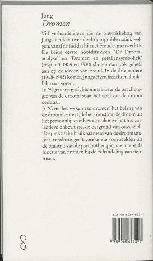 Achterkant van het boek 'Dromen' door C.G. Jung met ISBN en beschrijving.