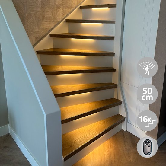 Trapverlichting led met bewegingssensor - Complete set voor 16 treden - 50 cm breed - Met draadloze dimmer - Plug&Play - Warm Wit - Trapverlichting