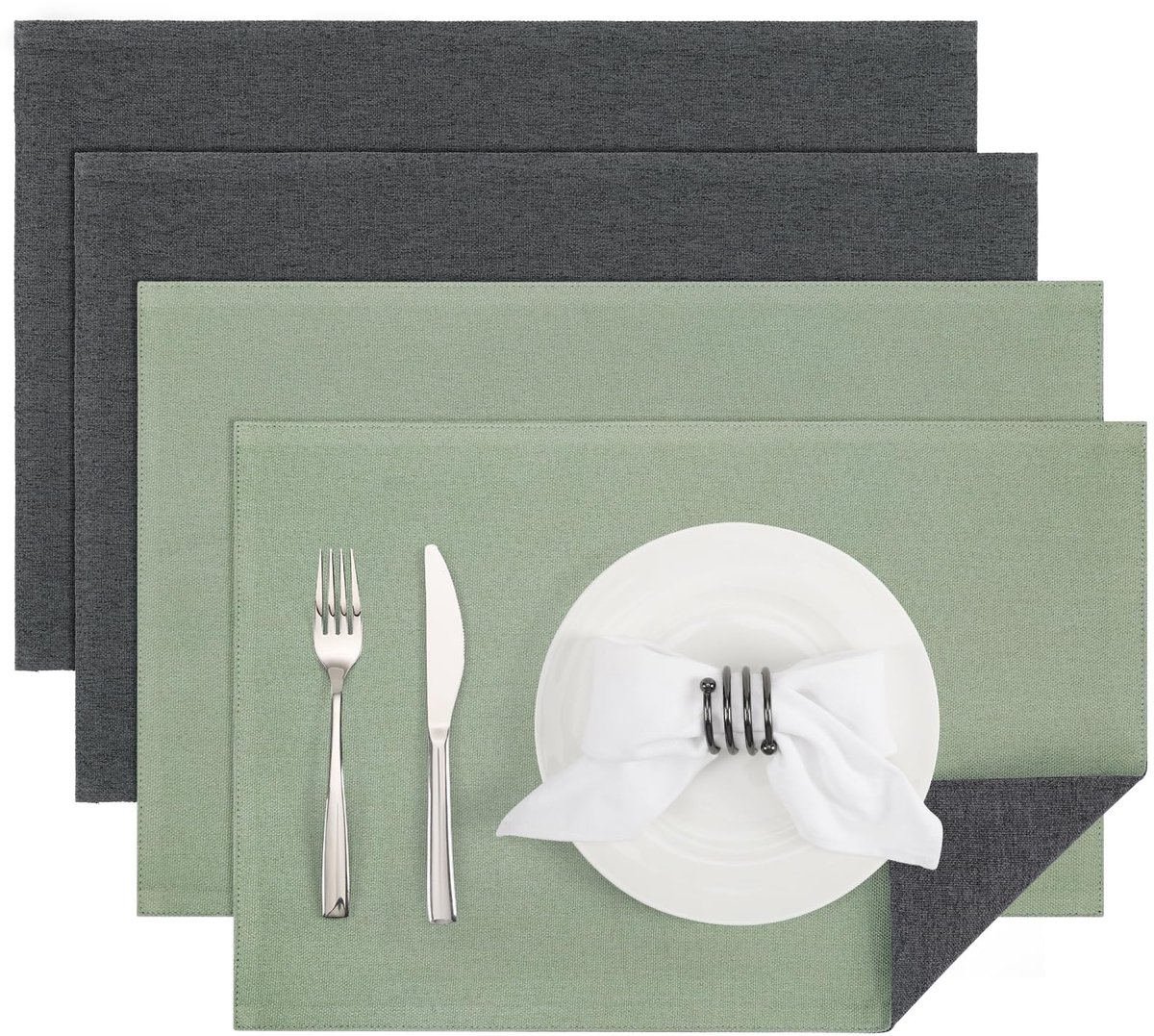 Ibenzoa® Dubbelzijdige wasbare placemats van imitatielinnen in grijsgroene tinten