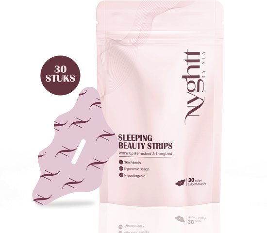 Paarse verpakking van Nyghtt by Sia Sleeping Beauty Strips met 30 stuks en een paarse mondstrip ernaast.
