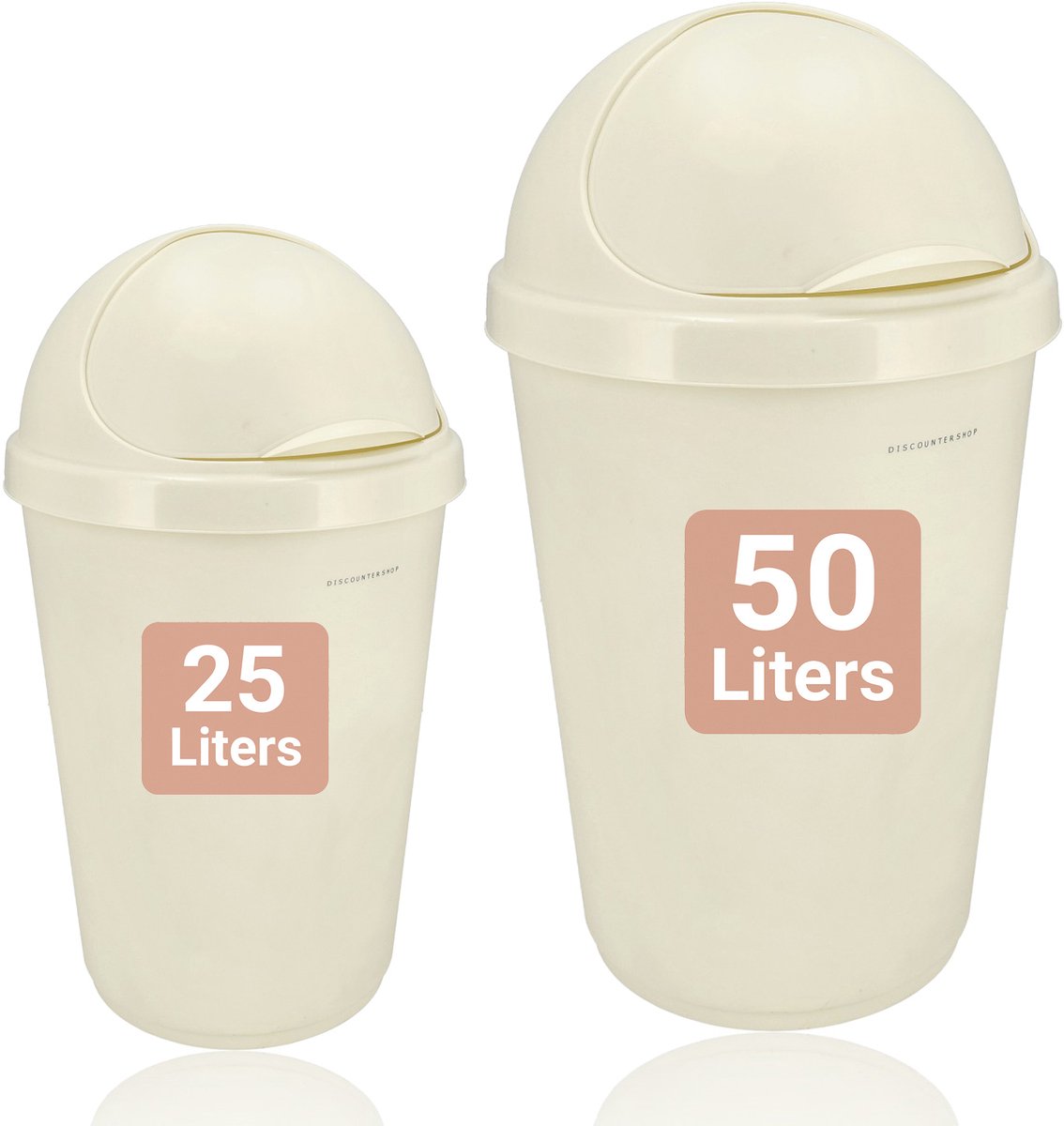 Prullenbak Crème Set – 50L en 25L – Kunststof Flip Prullenbak – Afvalbak met Klepdeksel – Keuken en Badkamer Vuilnisbak – Grote en Kleine Huishoudelijke Afvalemmer – Prullenbakken voor Kantoor