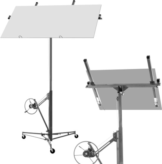 Élévateur de plaques de plâtre pour la construction de cloisons sèches et le montage au plafond : capacité de charge 68 kg, réglable en hauteur 140-335 cm, pliable, 3 roues de frein, réglage de l'angle d'inclinaison à 60°