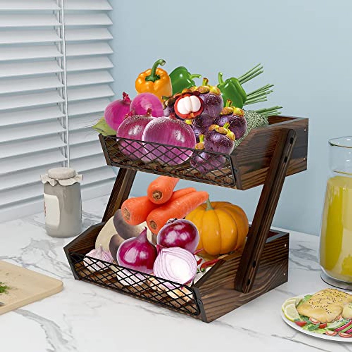 Fruitschaal met 2 Niveaus - Houten Keuken Organizer voor Groenten en Fruit
