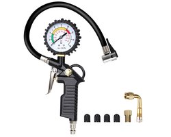 EXCITAT Luchtdrukmeter - Bandenpomp - 220 PSI Bandenspanningsmeter - Multifunctionele bandenspanningsmeter - Met ventielsleutel - Compressoraccessoire - Zwart