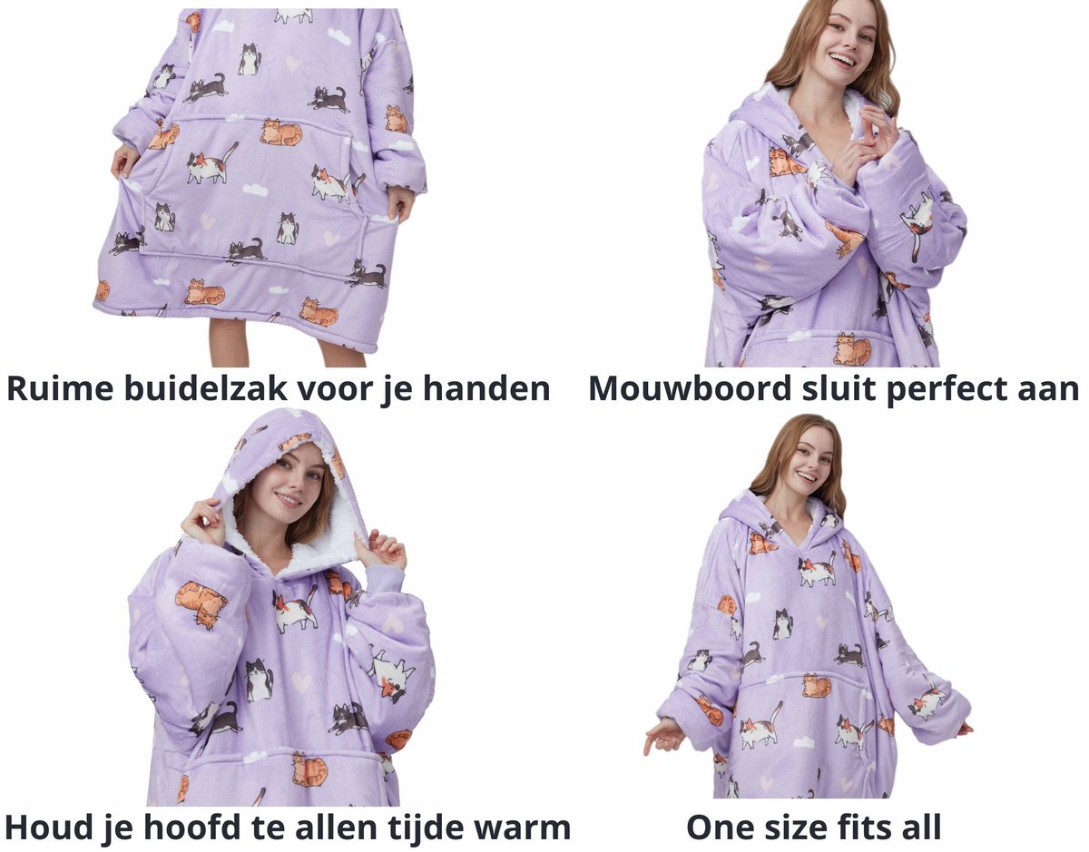 Q-Living Hoodie Deken - Plaid Met Mouwen - Hoodie - Snuggle Hoodie - Fleece Deken Met Mouwen - 1450 gram - Kat - Lila — cadeau in Wonen & Interieur - foto 3