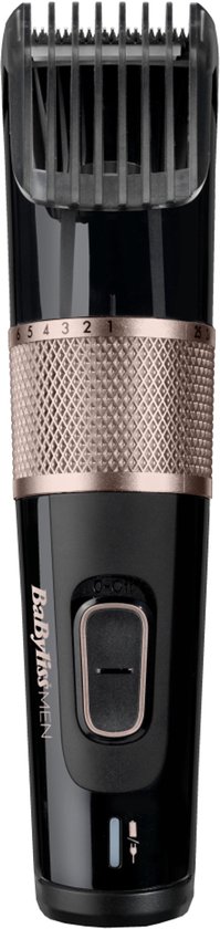 Zwarte tondeuse met koperkleurige, geribbelde grip en "BaByliss MEN" logo.