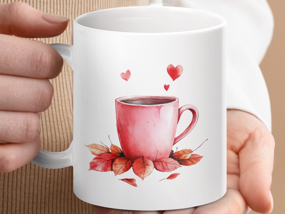 Mok Romantische Herfst Mok, Koffiemok met Harten, Thee Mok voor Koppels, Valentijnsdag Cadeau, Warme Drank Mok, Blad Kunst Mok, Keramische