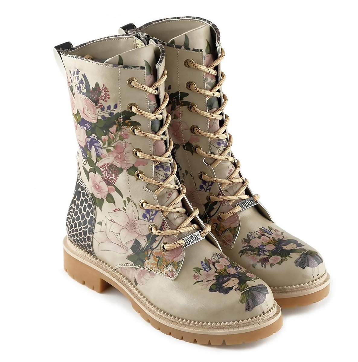 GOBY Floral Elegance Dames Veterboots Handgemaakt Vegan Leer