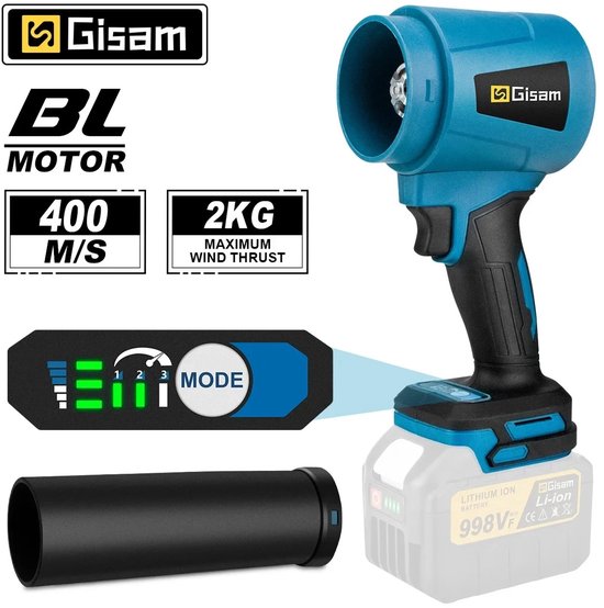 Gisam - Handheld Bladblazer Met Accu - Turbo Fan - 300000 RPM - 400 M/S - Inclusief 1 Batterij Makita 18V Compatible