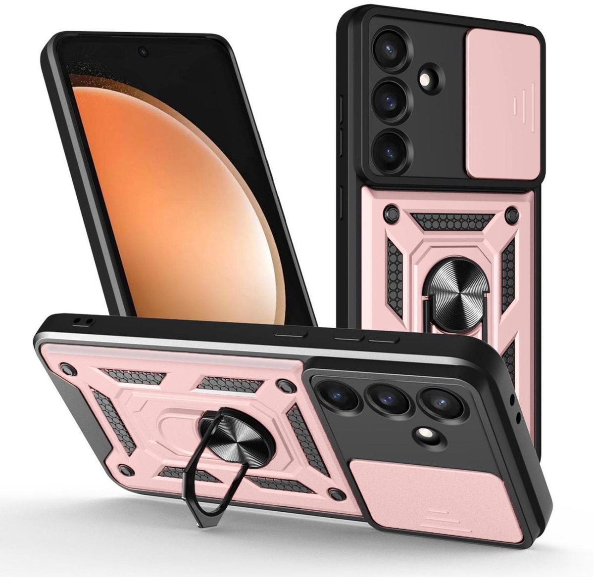 Mobigear Hoesje geschikt voor Samsung Galaxy S25 FE Telefoonhoesje Hardcase | Mobigear Armor Ring Cam Slide Backcover Shockproof met Ringhouder en Camera Slider | Schokbestendig Galaxy S25 FE Telefoonhoesje | Anti Shock Proof - Roségoud