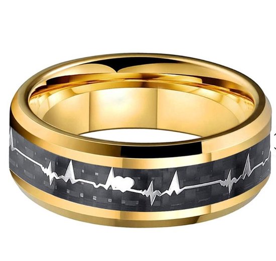 Jonline Wolfraam Ring|Zwart Gold Plated |Unisex|Hartslag Design|7 mm |Krasbestendig Modern|maat 54=17.25 mm.