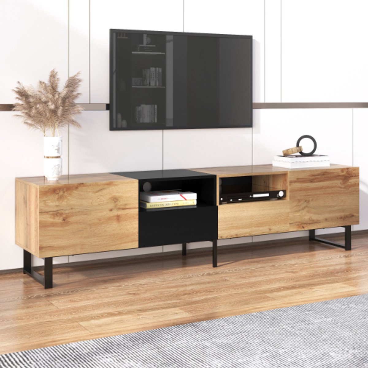 Moderne TV-Meubel met Zwart en Hout Design – Ruime Opbergruimte en Robuuste Constructie