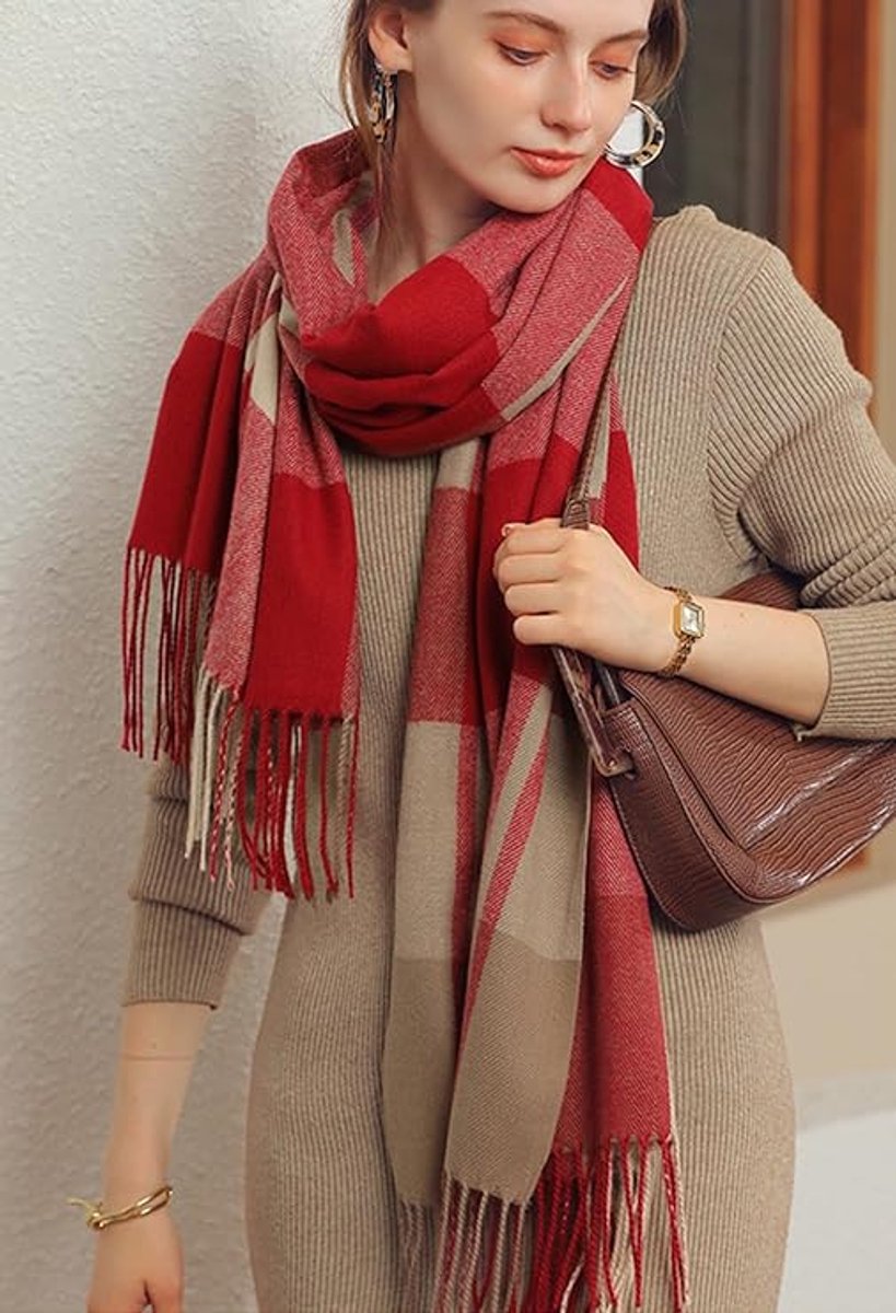 Sjaal, dames, winter, geruit, lang, zacht, kwastjes, kunstkasjmier, wikkeldoek , zacht op de huid , rood