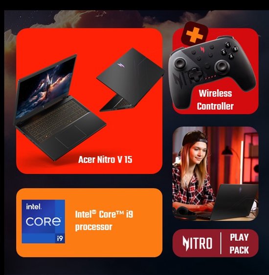 Zwarte Acer Nitro V 15 laptop met oranje toetsenbord en draadloze controller. "Intel® Core™ i9 processor" op de voorgrond.