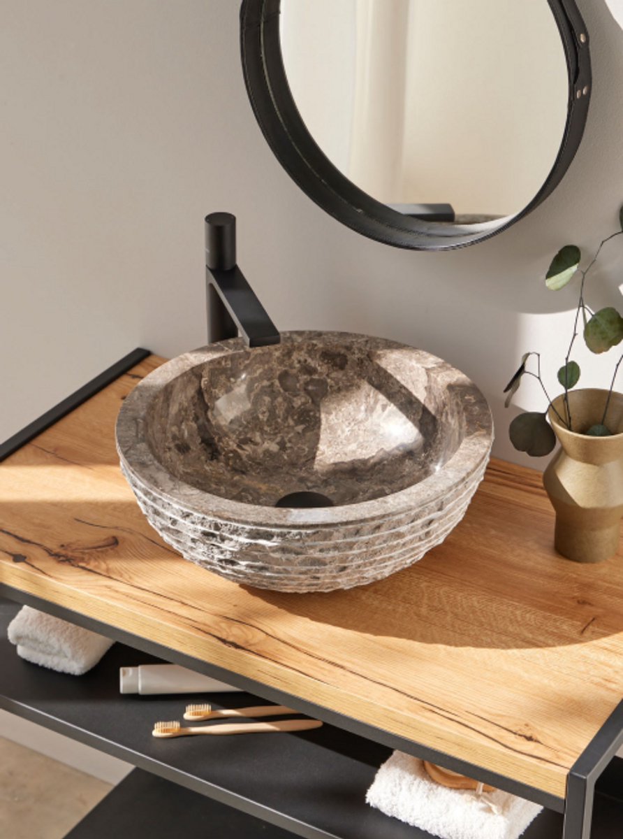 Natuursteen waskom rond grijs 40x40x15 cm – Almaris opbouw