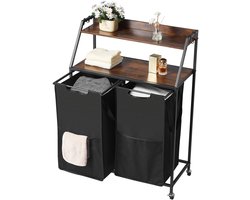 2-Laags Wasmand, met Metalen Frame en Houten Top, Rollende Mand met Dubbele Compartimenten en Ladderplanken voor Het Sorteren van Kleding