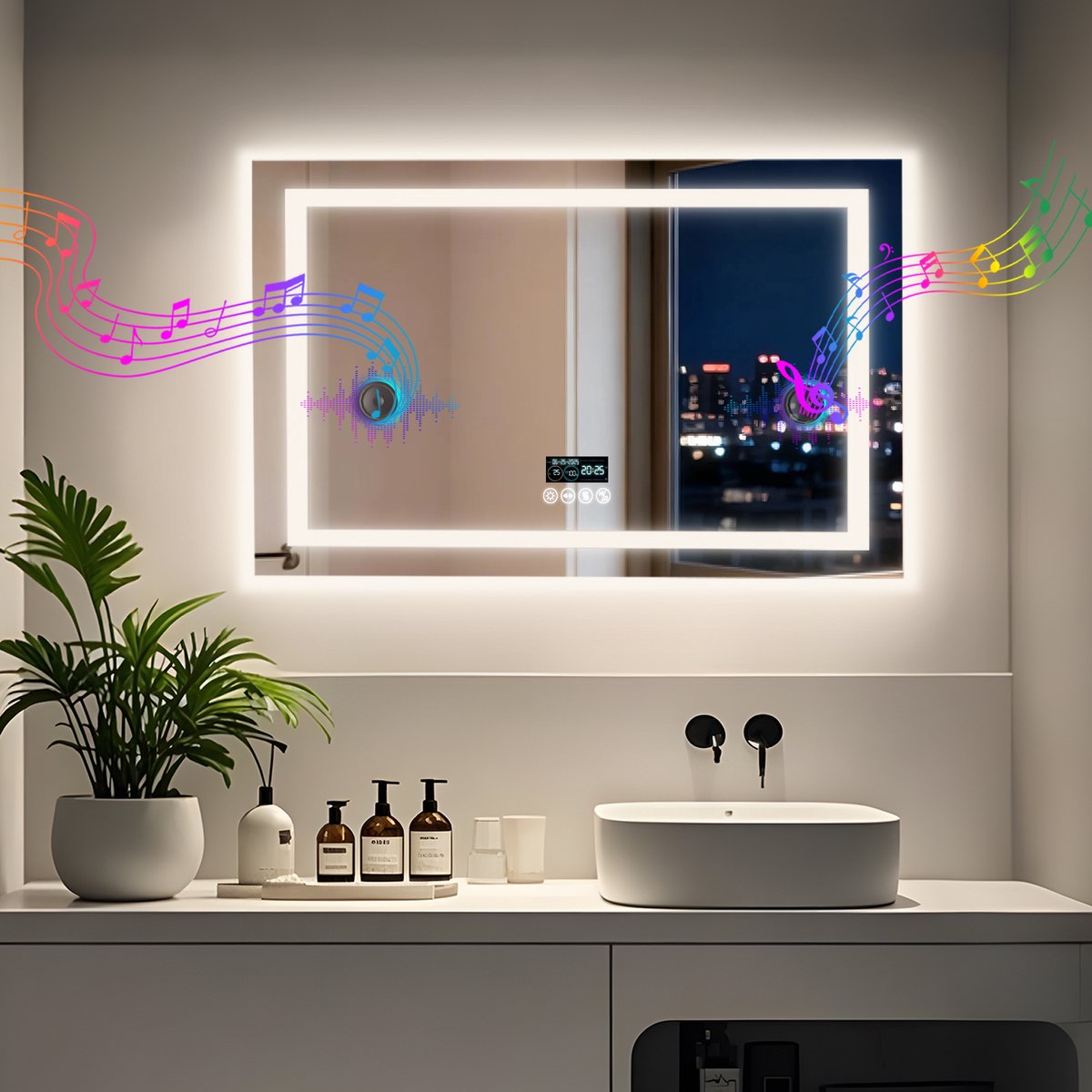 LUVODI badkamerspiegel met LED verlichting - 800x600mm wandspiegel met verlichting - Bluetooth speaker - dimbare 3 kleuren achtergrondverlichting - anti-condens - geheugenfunctie - tijd temperatuurweergave