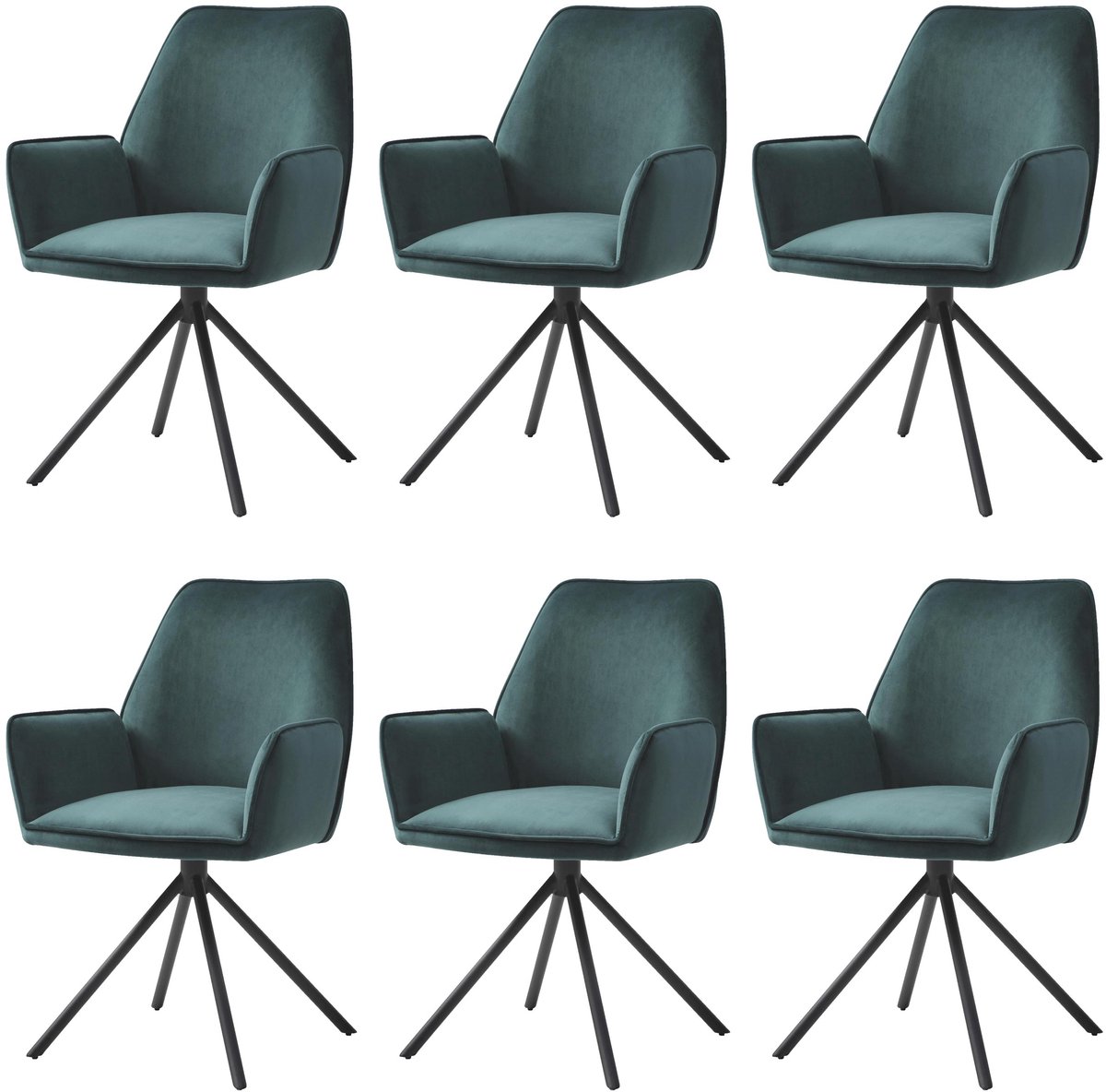 MCW Set van 6 eetkamerstoel MCW-G67, keukenstoel armleuning, draaibare auto positie, fluweel MVG ~ groen, zwarte poten