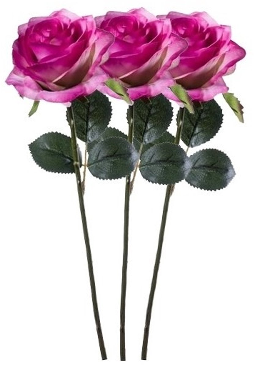 Bellatio Flowers & Plants Emerald Kunstbloemen roos - 3x - rozen - Simone - fuchsia - 45 cm - decoratie bloemen Paars