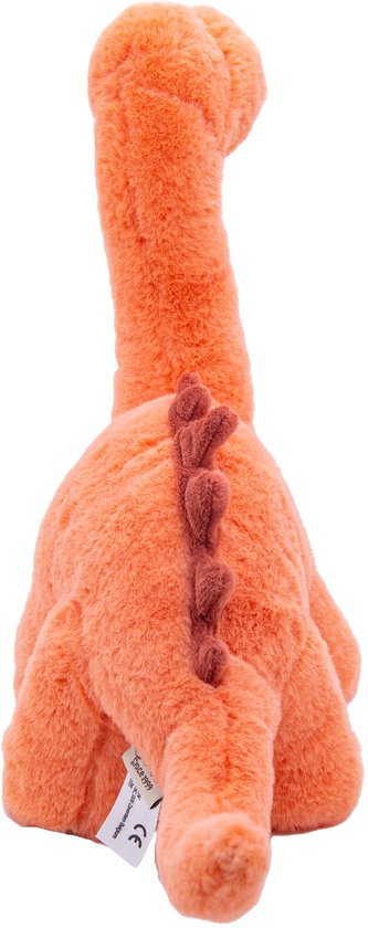 Achterkant van een oranje Brachiosaurus knuffel met bruine stekels langs de ruggengraat.