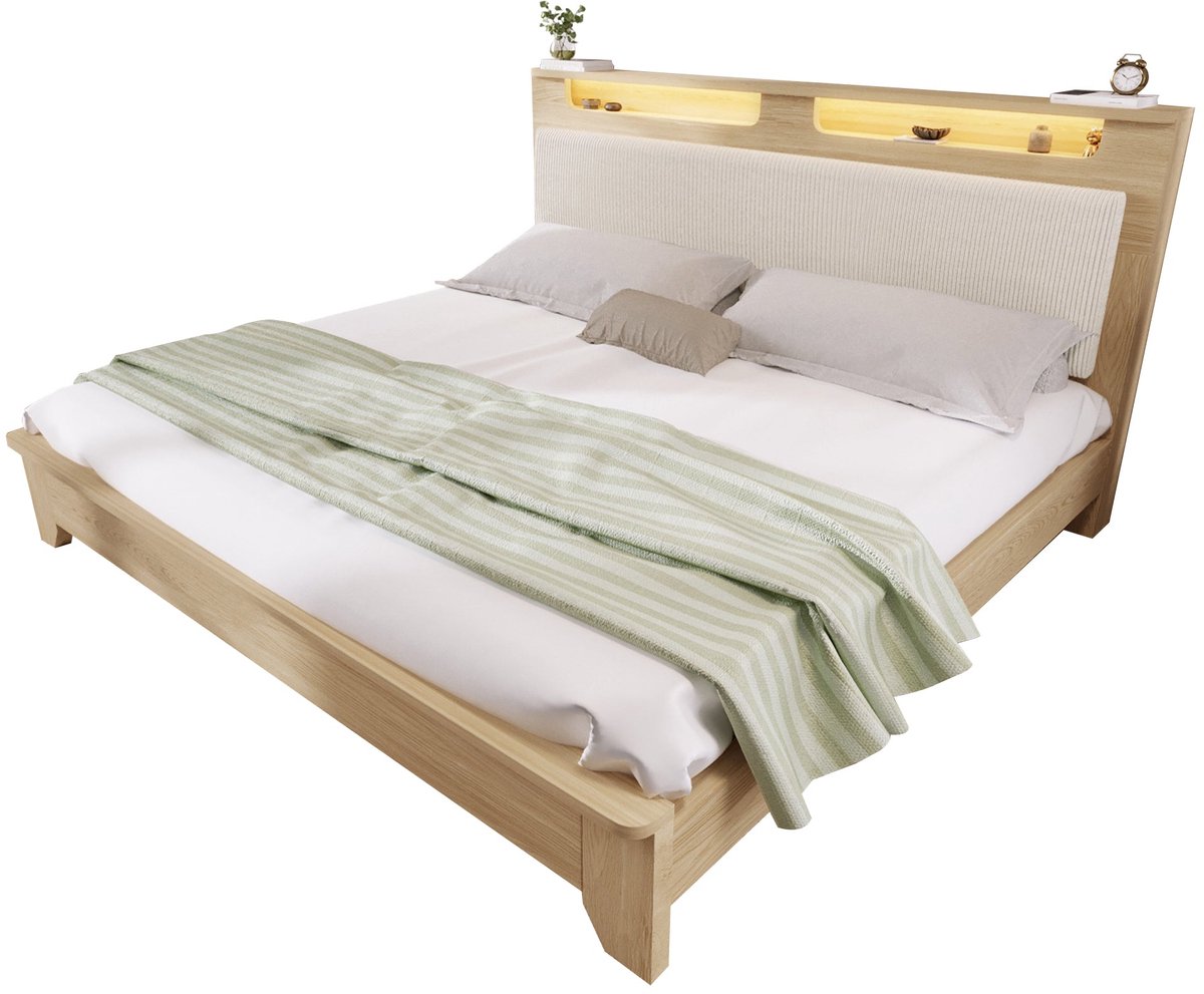 Merax Houten Bed 140x200 cm – Met LED Verlichting, Hoofdbord met Opbergruimte en Beige Gestoffeerde Rugleuning – Inclusief Houten Lattenbodem – Eiken