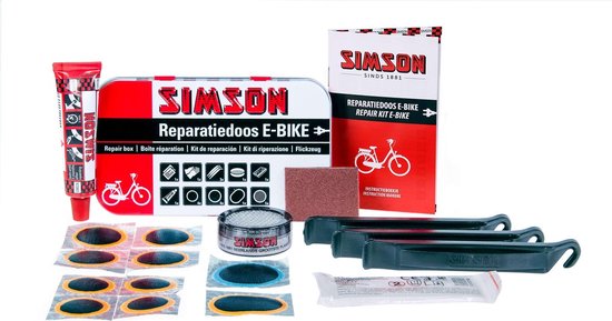 Simson reparatiedoos E-Bike compleet met tube lijm, pleisters, velglint, bandenlichters, schuurpapier en handleiding.