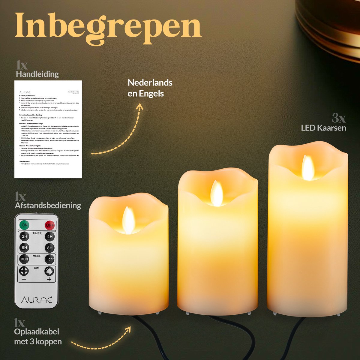 Aurae Oplaadbare Led Kaarsen met Bewegende Vlam - 3x - Echte Wax - 35+ Branduren - Afstandsbediening - Flikkerende Vlam - Oplaadbaar - Timer - Kerst Kaarsen — cadeau in Wonen & Interieur - foto 4