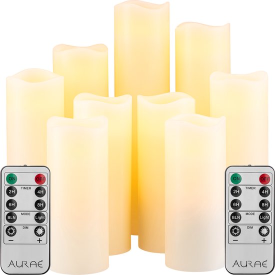 Aurae Led Kaarsen met Afstandsbediening - 9x - Echte Wax - Flikkerende Vlam - 250+ Branduren - op Batterijen - Timer