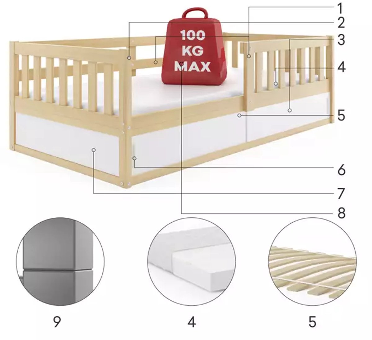BMS - Kinderbed - 80x160cm - Met Matras en Opbergruimte - Pinus
