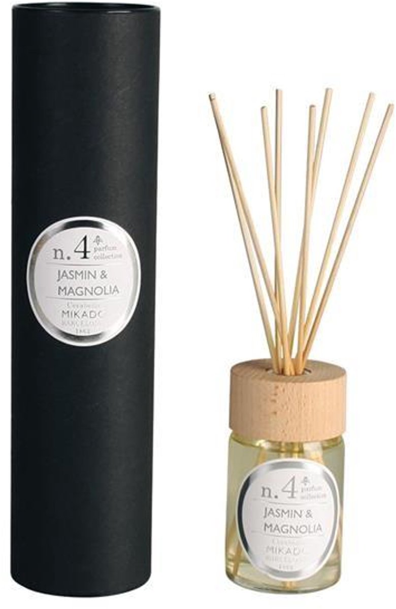 Cerabella Geurstokjes Diffuser N.4 – Jasmijn & Magnolia – 100 ml – Luxe huisparfum met 8 stokjes en houten deksel