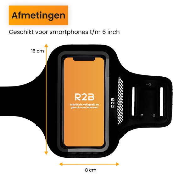 Zwarte R2B sportarmband voor smartphones tot 6 inch, met afmetingen 15 cm x 8 cm.