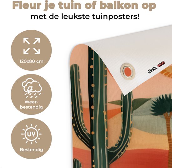 Tuinposter 120x80 cm - Tuindecoratie Tijger - Palmen - Cactus - Oranje - Poster voor in de tuin - Buiten decoratie - Schutting tuinschilderij - Tuindoek muurdecoratie - Wanddecoratie balkondoek