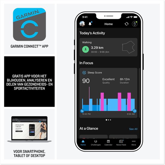 Garmin Connect app op smartphone, tablet en desktop met activiteiten en slaapscore.