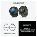 Twee Garmin Instinct 3 smartwatches in zwart, naast elkaar. Afmetingen 45 mm en 50 mm.
