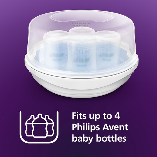 Philips Avent magnetronsterilisator met drie babyflessen. Tekst: Past op maximaal 4 Philips Avent babyflessen.