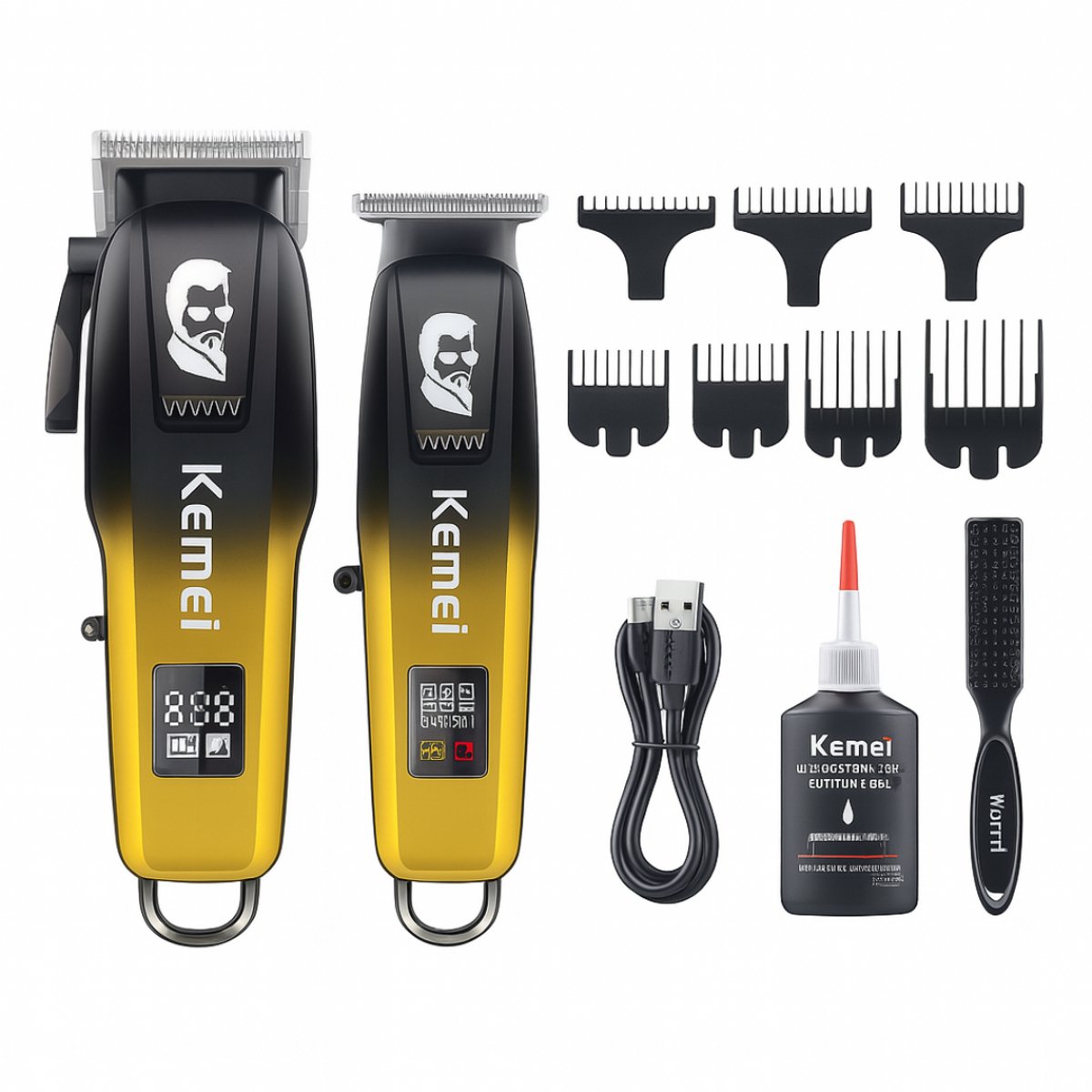 Kemei Professionele Haartrimmer & Tondeuse Set – 2 stuks – Draadloos & Oplaadbaar – Inclusief Opzetkammen & Accessoires - Tondeuse Mannen - Tondeuses