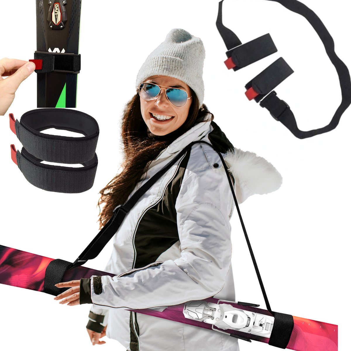 FEROCITY - Skihouder - verstelbare schouderriem voor skirugzak - twee klittenbandsluitingen - Zwart