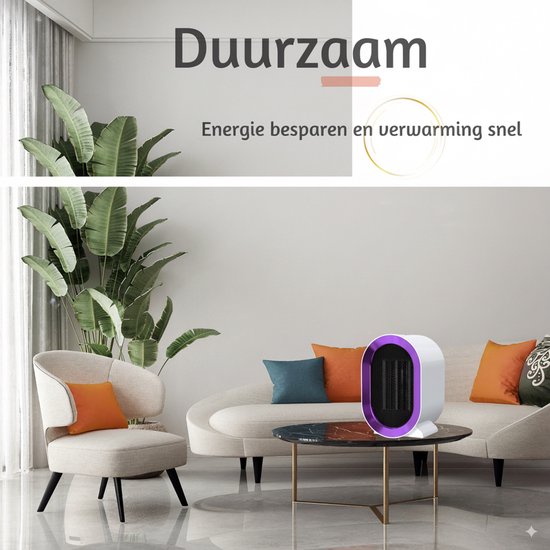Stijlvolle woonkamer met duurzame witte ECO Warmte kachel met paarse rand op een salontafel, bespaart energie en verwarmt snel.