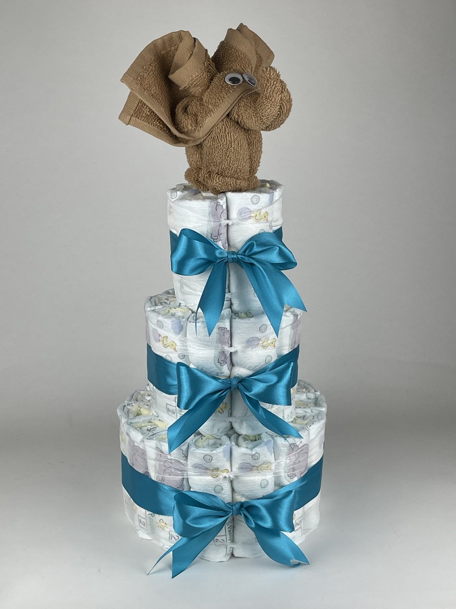 Chouette-Chouette | Luiertaart Neutraal | Kraamcadeau | Geboorte Jongen Meisje | Babyshower | Olifant Sand - Petrol